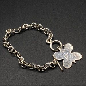 Butterfly Initial "T" Silver Tone Link Toggle Bracelet